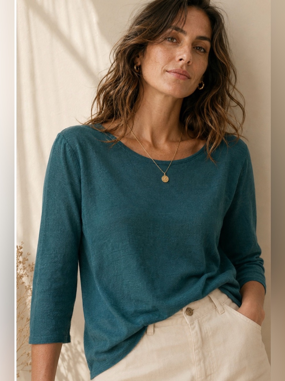 J. Jill Teal Long-Sleeve Boatneck Linen blend fine knit Top